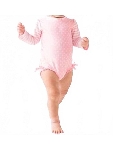 Ruffle Butts Kid's One Piece Rash Guard Swimsuit in Pink/White (view 2)