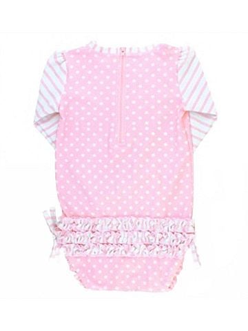 Ruffle Butts Kid's One Piece Rash Guard Swimsuit in Pink/White (view 1)