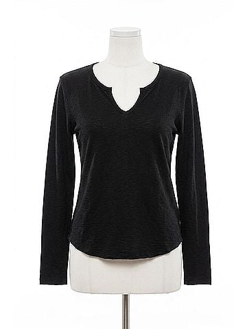 Bobi Split V-Neck Tee With Raw Cut Binding in Black (view 1)