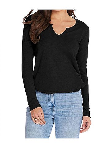 Bobi Split V-Neck Tee With Raw Cut Binding in Black (view 2)