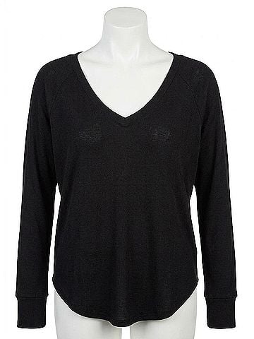 Chaser Heritage Waffle Long Sleeve Double V Neck Shirttail Tee in True Black (view 1)