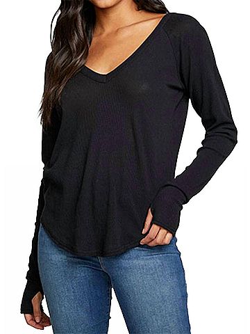 Chaser Heritage Waffle Long Sleeve Double V Neck Shirttail Tee in True Black (view 2)
