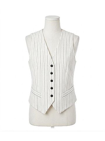 Karen Kane Stripe Button-Up Vest in Off White With Black (view 1)