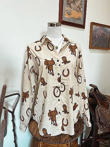 Ariat Women's Cowboy Tack Button-Up Shirt in Beige Multi (view 2)