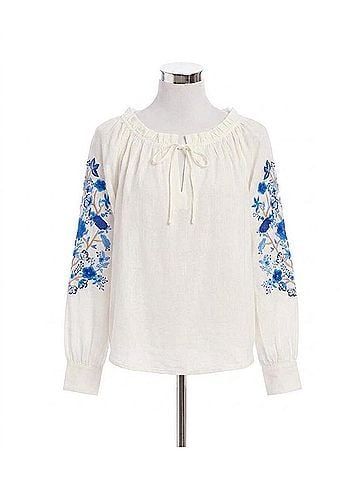 Karen Kane Embroidered Blouson Sleeve Tie-Neck Peasant Top in Off White (view 1)