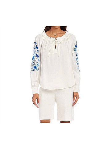 Karen Kane Embroidered Blouson Sleeve Tie-Neck Peasant Top in Off White (view 2)