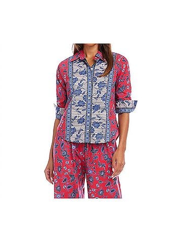 Karen Kane Ruched Sleeve Border Print Shirt in Red (view 2)