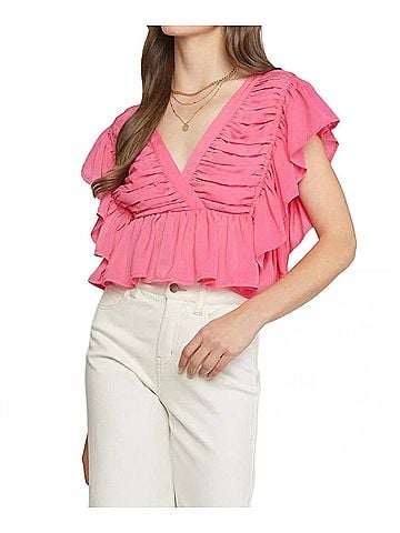 Entro Solid V-Neck Butterfly Sleeve Top in Pink (view 2)