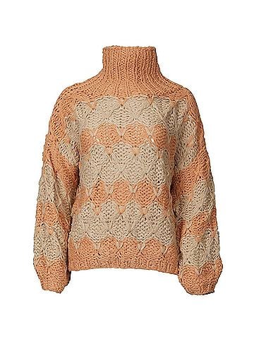 Pol Open-Knit Chunky Turtleneck Sweater in Beige Papaya Stripe (view 2)