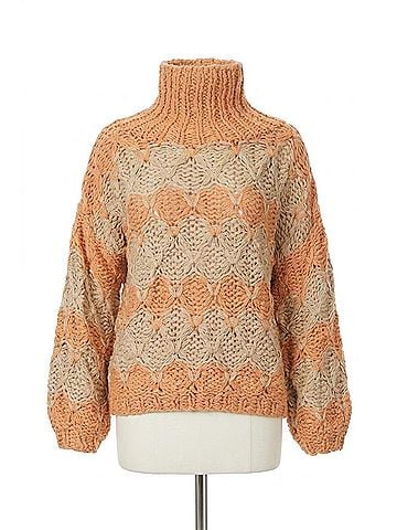 Pol Open-Knit Chunky Turtleneck Sweater in Beige Papaya Stripe (view 1)