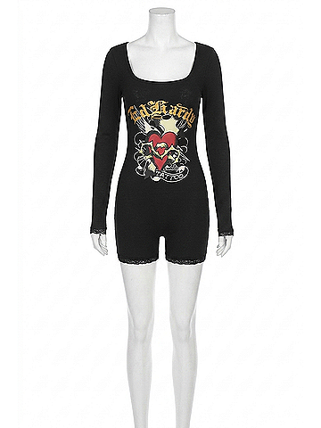Ed Hardy Sacred Heart Long Sleeve Short Lace Romper in Black (view 1)