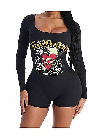 Ed Hardy Sacred Heart Long Sleeve Short Lace Romper in Black (view 2)