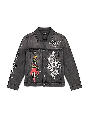 Ed Hardy Unisex Heart Wings Denim Jacket in Dark Grey (view 1)