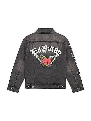 Ed Hardy Unisex Heart Wings Denim Jacket in Dark Grey (view 2)
