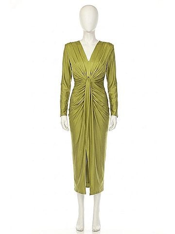 Joseph Ribkoff Ruched V-Neck Satin Evening Midi Dress in Fern Green (view 1)