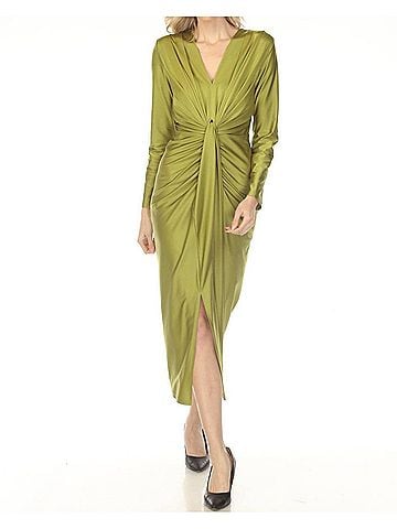 Joseph Ribkoff Ruched V-Neck Satin Evening Midi Dress in Fern Green (view 2)