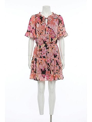 Umgee Split Neck Front Tie Tiered Dress With Lining in Floral Print (view 1)