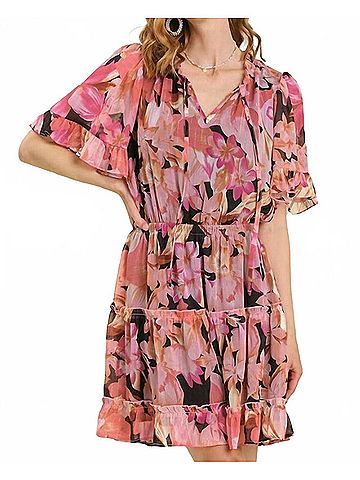 Umgee Split Neck Front Tie Tiered Dress With Lining in Floral Print (view 2)