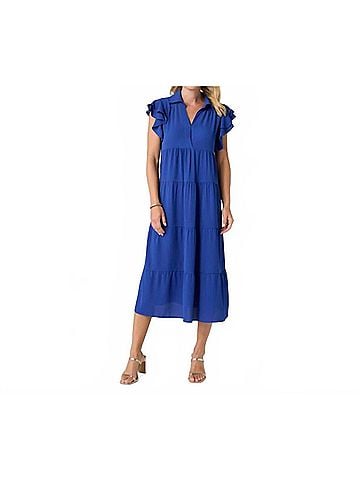 Coco + Carmen Kendall Flutter Sleeve V-Neck Tiered Dress in Cobalt (view 2)
