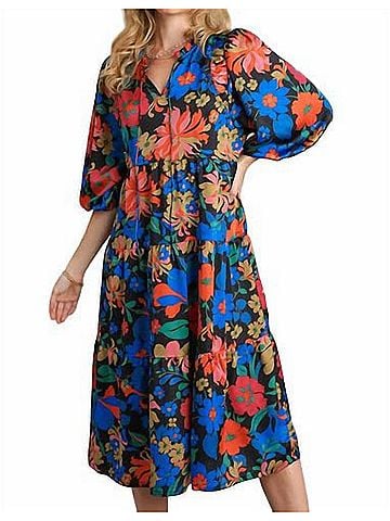 Umgee Floral Babydoll Midi Dress in Black Multi (view 2)