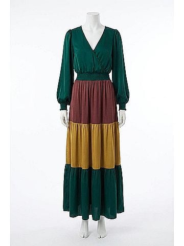 Flying Tomato Solid Satin Color Blocked Maxi Dress in Green Multi (view 1)