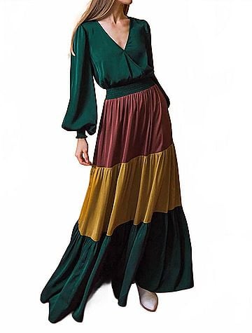 Flying Tomato Solid Satin Color Blocked Maxi Dress in Green Multi (view 2)
