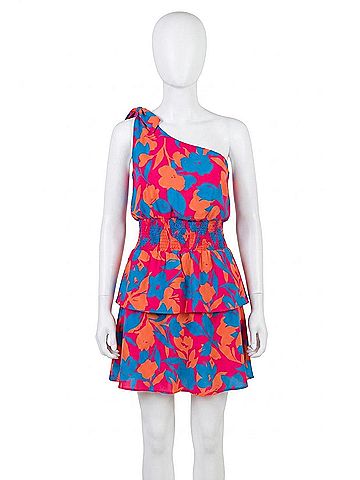 Gilli Sleeveless One Shoulder Smocked Floral Dress in Pink Multi (view 1)