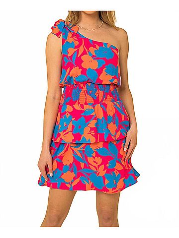 Gilli Sleeveless One Shoulder Smocked Floral Dress in Pink Multi (view 2)