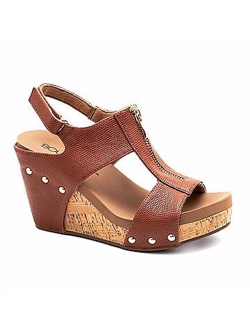 Corkys Women's Zip It Good Wedge Sandal in Cognac (view 1)