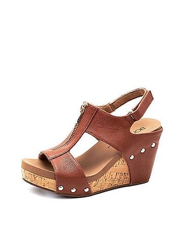 Corkys Women's Zip It Good Wedge Sandal in Cognac (view 2)