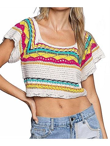 Pol Crochet Cropped Sweater Top in Multi (view 2)