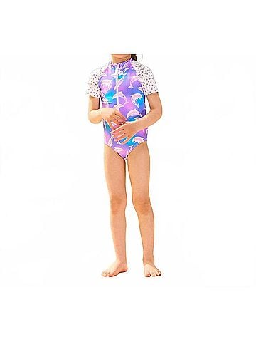Hatley Girl's Airbrush Dolphins Rashguard One Piece Swimsuit in Purple (view 2)