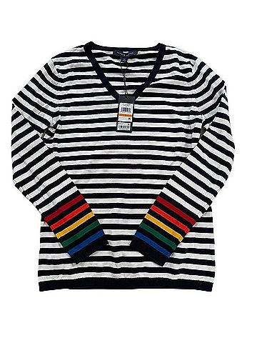 Tommy Hilfiger Stripe V-Neck Sweater with Rainbow Cuff Pullover Sweater (view 1)