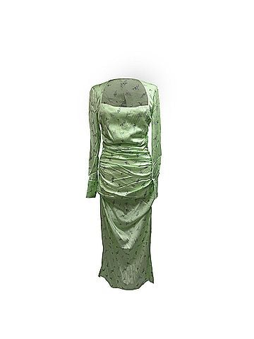 Ganni Ganni Ruched Floral-Prin Midi Dress in Green Silk (view 1)