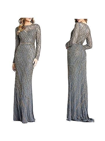 Mac Duggal Beaded Long Sleeve Tulle Column Gown Cocktail Dress (view 1)
