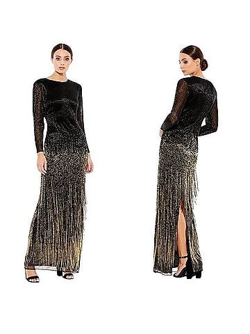 Mac Duggal Long Sleeve Beaded Fringe Evening Gown Cocktail Dress