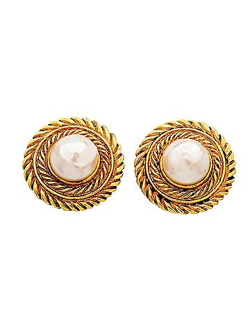 Chanel Chanel Circle Earrings, GP Plated, Faux Pearl, Gold, Women's (view 1)
