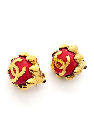 Chanel Chanel Earrings, Coco Mark, GP Plated, Gold, Red, Women's (view 2)