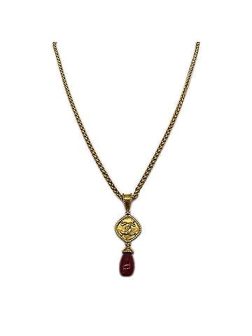 Chanel CHANEL Coco Mark Long Necklace, Resin, Gold, Red, GP, Women's (view 1)