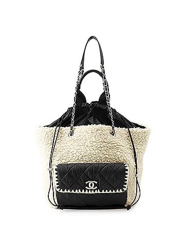 Chanel Chanel Tote Bag, Coco Neige, Matelassé, Mark, Boa Tote, Shearling, Nylon, CHANEL 2-way, Black, Handbag, (view 1)