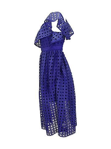 Self-Portrait Self Portrait One Shoulder Ruffled Midi Dress in Blue Polyester Lace (view 2)