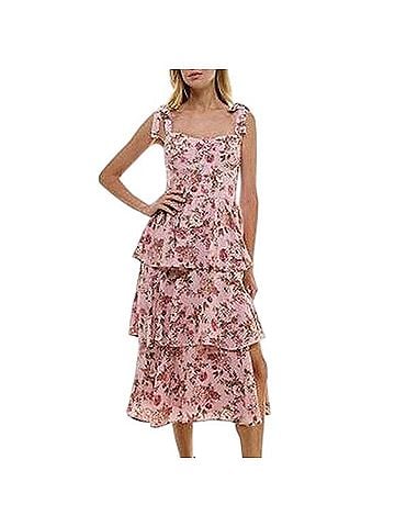 Trixxi Pink Floral Tiered Ruffles Feminine Romantic Coquette Garden Party Wedding Guest Midi Cocktail Dress (view 1)