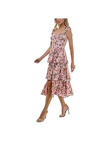 Trixxi Pink Floral Tiered Ruffles Feminine Romantic Coquette Garden Party Wedding Guest Midi Cocktail Dress (view 2)