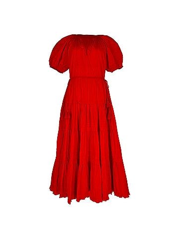 Ulla Johnson Ulla Johnson Puffed-Sleeve Midi Tiered Dress in Red Cotton (view 1)