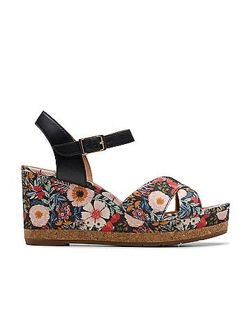 Clarks Women's Chicly Floral Wedge Sandal in Black Print (view 1)