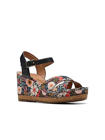 Clarks Women's Chicly Floral Wedge Sandal in Black Print (view 2)