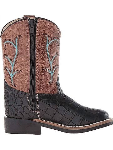Old West Boys Crocodile Print Cowboy Boots in Black/Tan (view 1)
