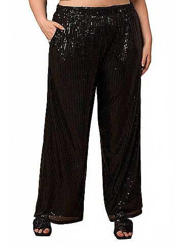 Gilli Sequin Elastic Waist Wide Leg Pants - Plus in Black (view 2)