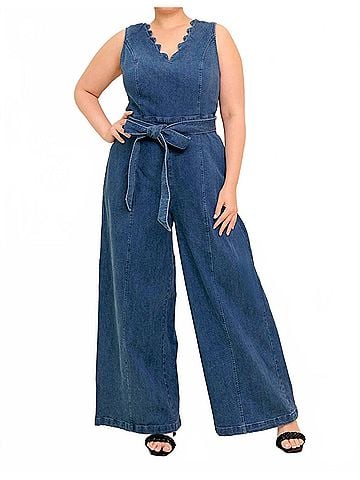 Flying Tomato V-Neck Wide Leg Jumpsuit - Plus in Dark Indigo (view 2)