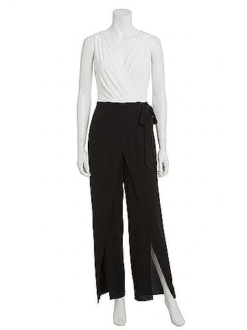 London Times Sleeveless Tie-Belt Contrast Jumpsuit in Black White (view 1)